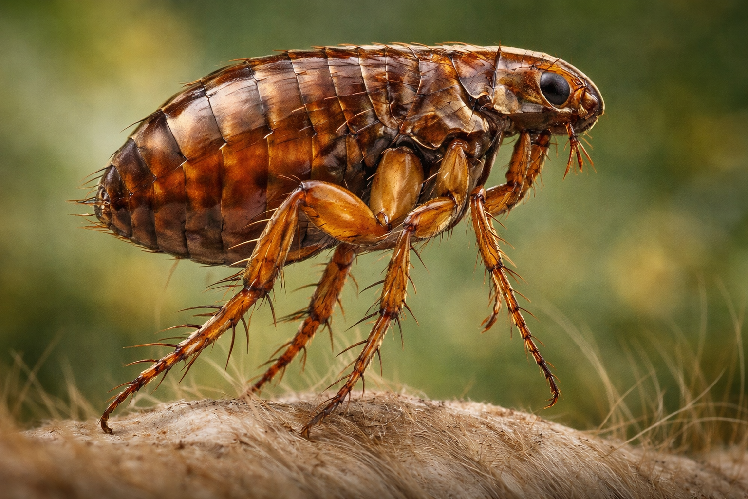 Macro close-up of a flea on animal fur showing parasite detail.