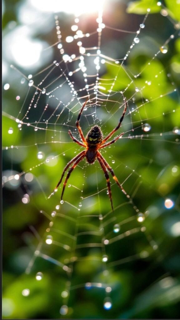 Spider on web with water droplets in natural light