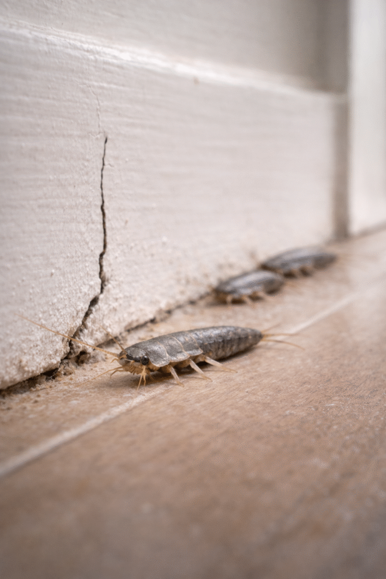 Silverfish insect crawling along a skirting board on an indoor floor