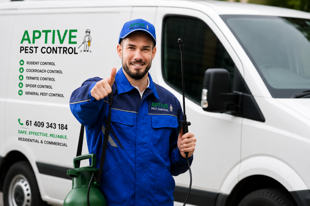 Professional Aptive Pest Control technician standing beside a service vehicle, providing expert Cockroach Pest Control services with safe treatments and reliable pest management across Melbourne.