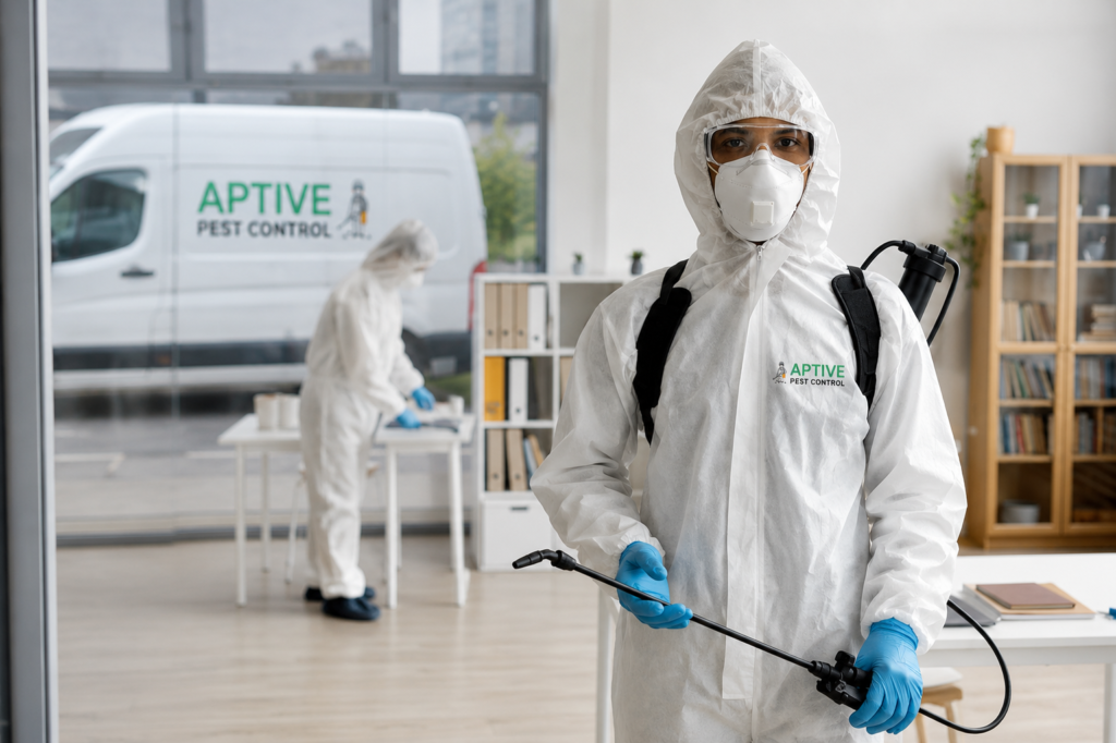 Professional Aptive Pest Control technician wearing full protective equipment, providing Spider Pest Control Melbourne services with safe and effective treatments for homes and businesses.