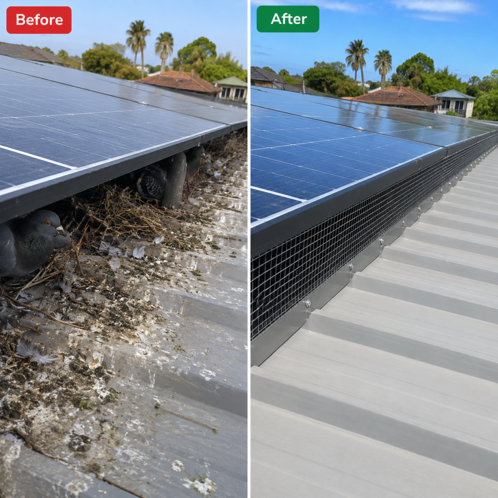 Before and after Solar Panel Bird Proofing Melbourne service showing pigeons nesting beneath solar panels before treatment and professionally installed bird proofing mesh after installation.