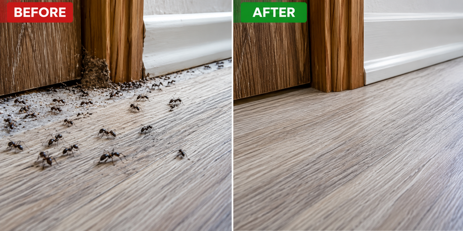 Before and after Ant Control Melbourne service showing an active ant infestation around a doorway before treatment and a clean, ant-free floor after professional ant control.