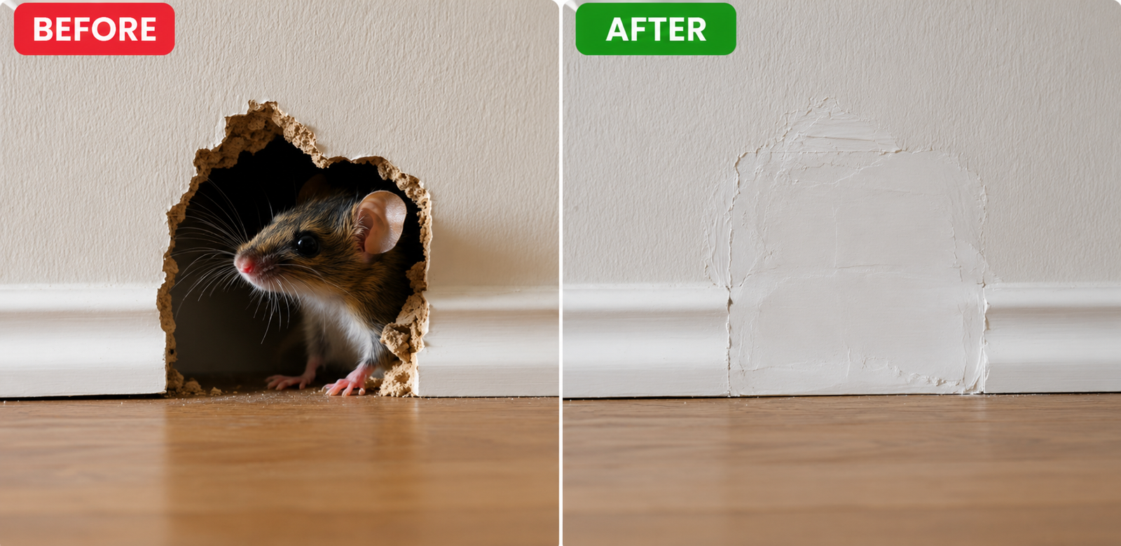 Before and after Mice Control Melbourne service showing a mouse entering through a wall opening before treatment and the entry point professionally sealed to prevent future rodent infestations.