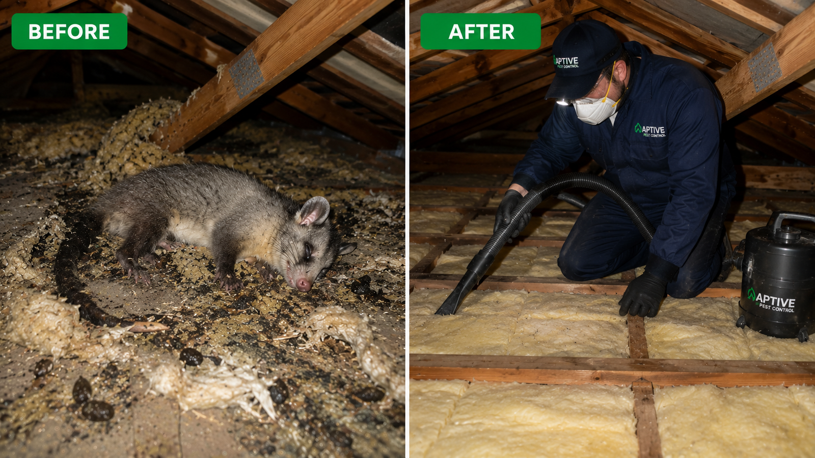 Before and after Dead Animal Removal Melbourne service showing a deceased possum in a roof cavity before removal and professional cleaning and sanitisation after the removal process.