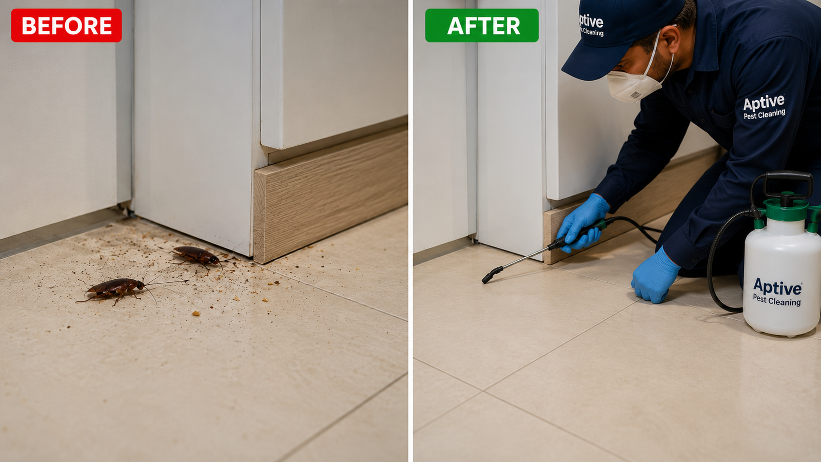 Before and after Cockroach Pest Control service showing an active kitchen cockroach infestation before treatment and professional cockroach treatment after pest control.