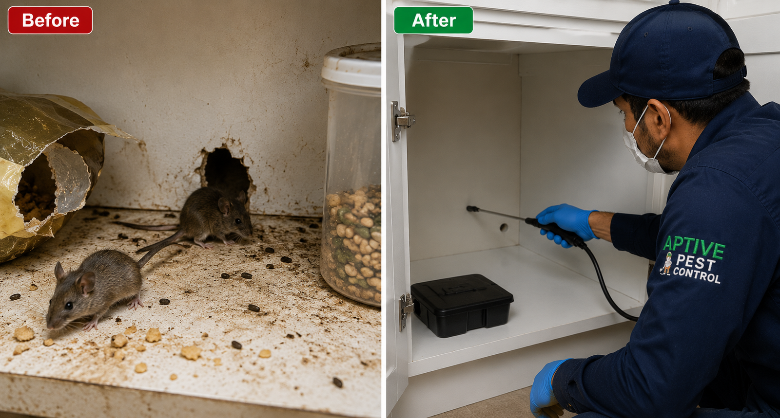 Before and after Rodent Pest Control Melbourne service showing an active mouse infestation before treatment and professional rodent control with bait station installation after treatment.