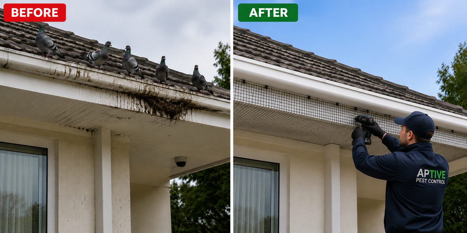 Before and after Pigeon Control Melbourne service showing pigeon activity on a residential roof before treatment and professionally installed bird netting to prevent future pigeon nesting.