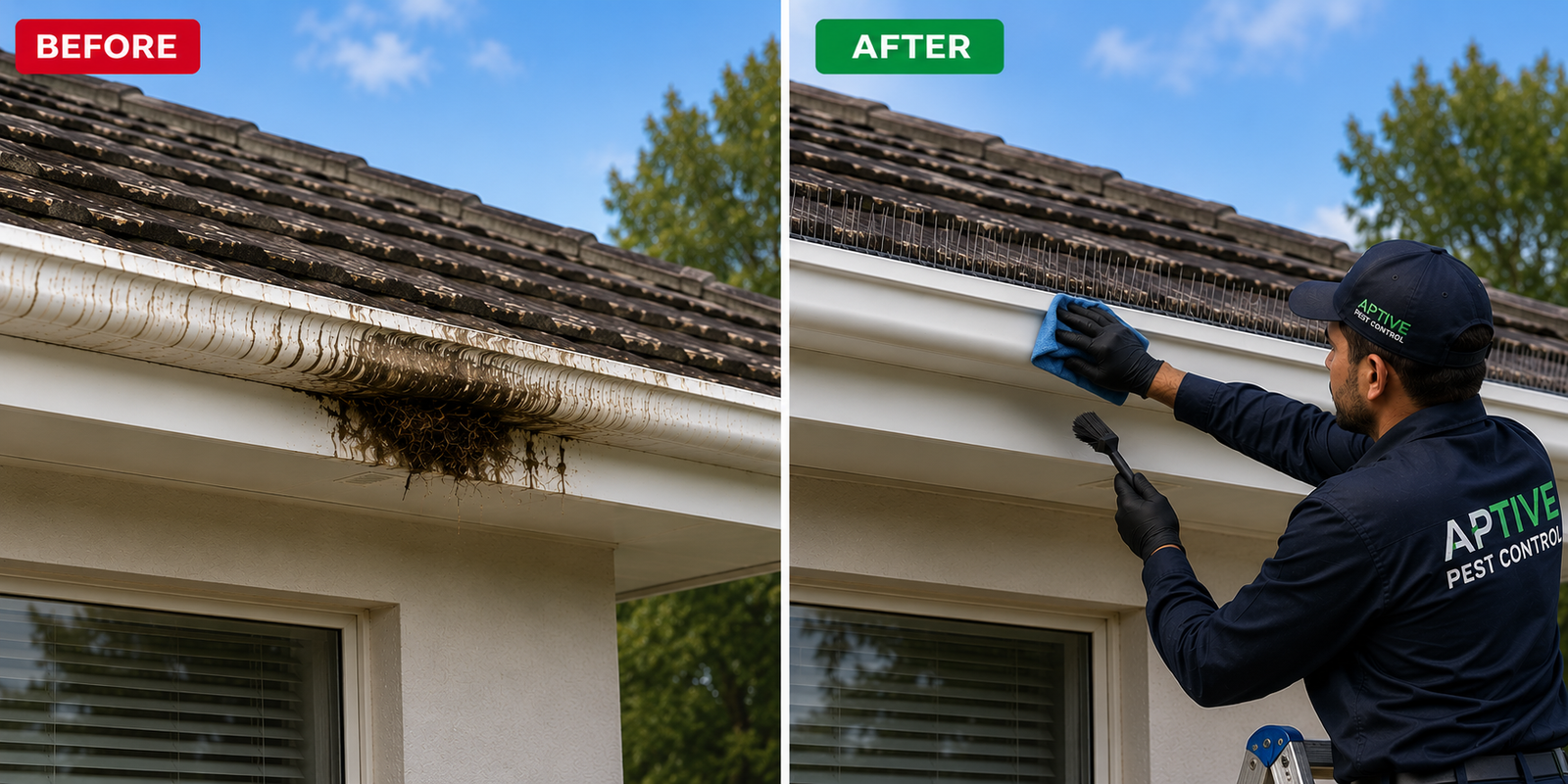 Before and after bird pest control service showing professional bird nest removal, gutter cleaning, and bird proofing completed by Aptive Pest Control at a residential property in Melbourne.