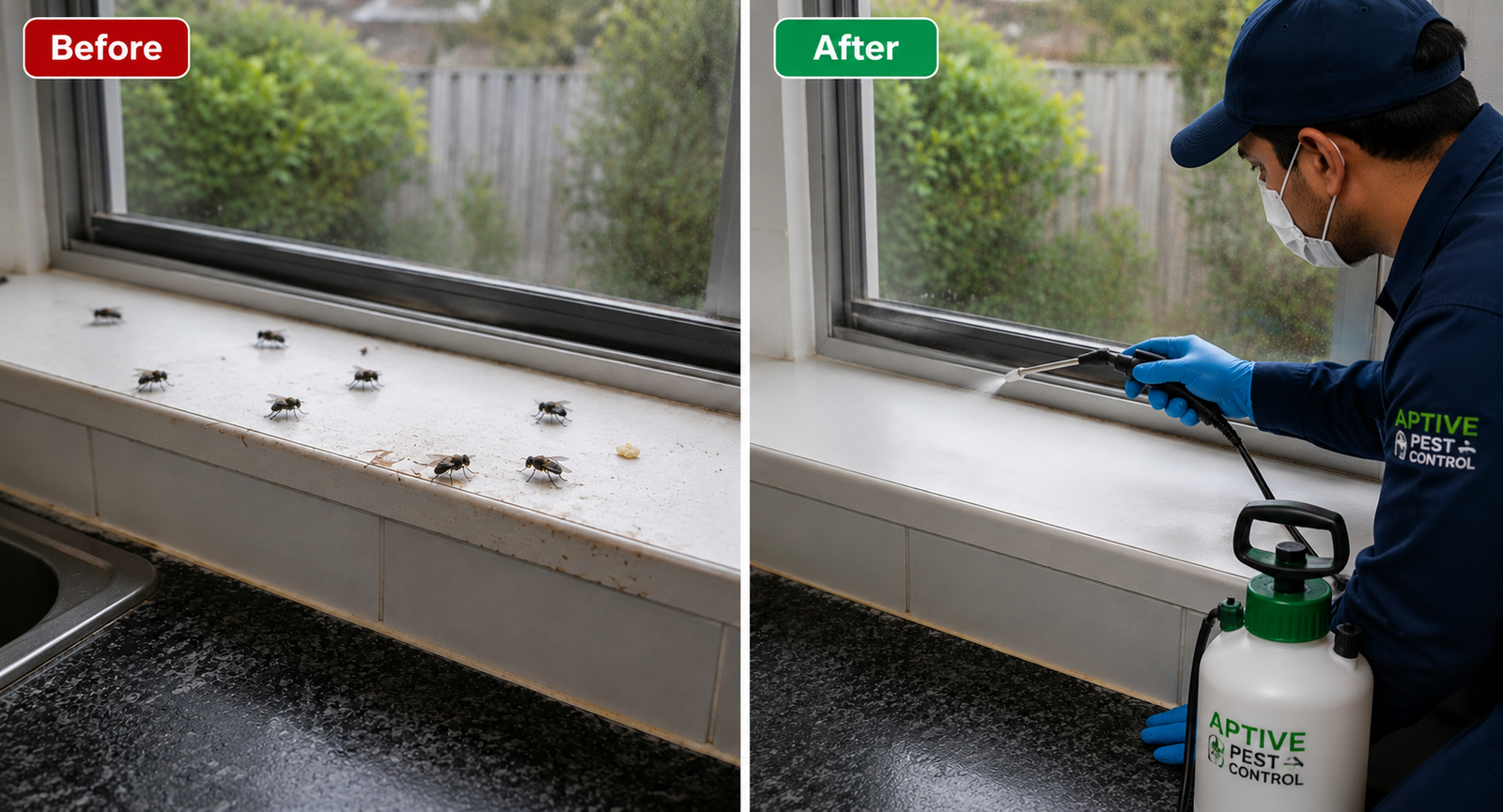 Before and after Fly Control Melbourne treatment showing professional fly removal from a kitchen window area by an Aptive Pest Control technician using targeted pest management solutions.
