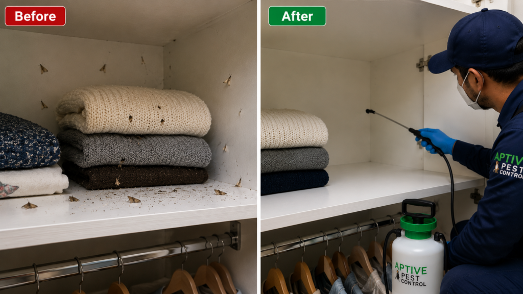 Before and after Moth Control Melbourne treatment completed by Aptive Pest Control