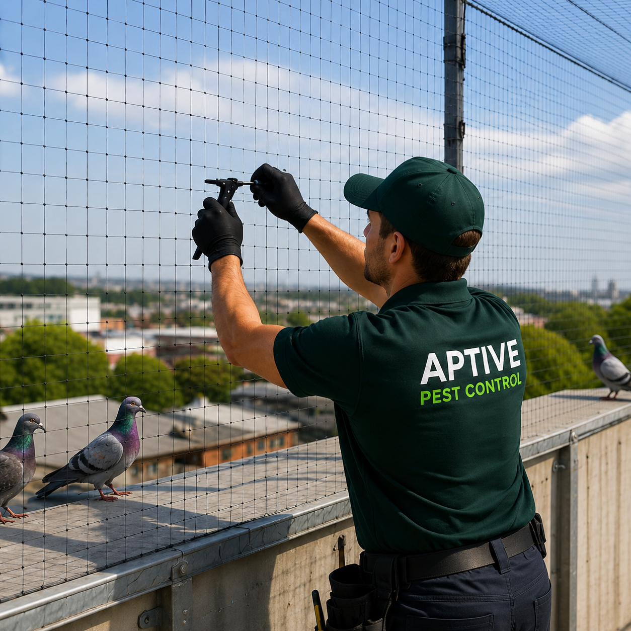 A professional Aptive Pest Control technician installing bird netting on a commercial rooftop in Melbourne to prevent pigeons and nuisance birds from nesting and causing property damage.