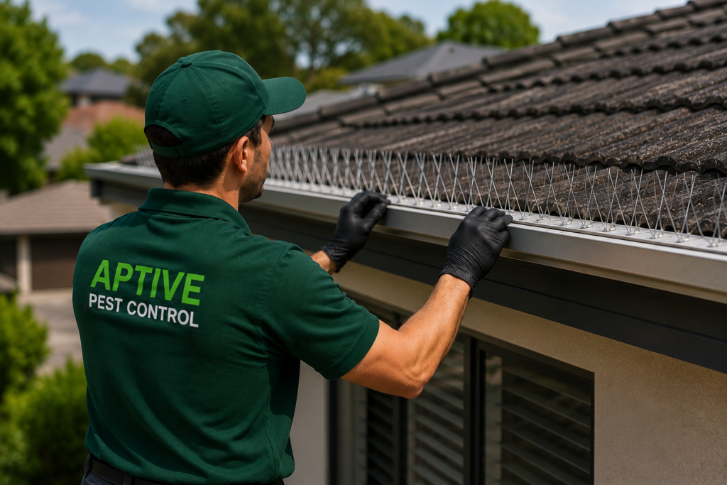 Professional technician installing bird spikes on a residential roof as part of Indian Myna Pest Removal Melbourne services to prevent Indian myna birds from nesting and roosting.