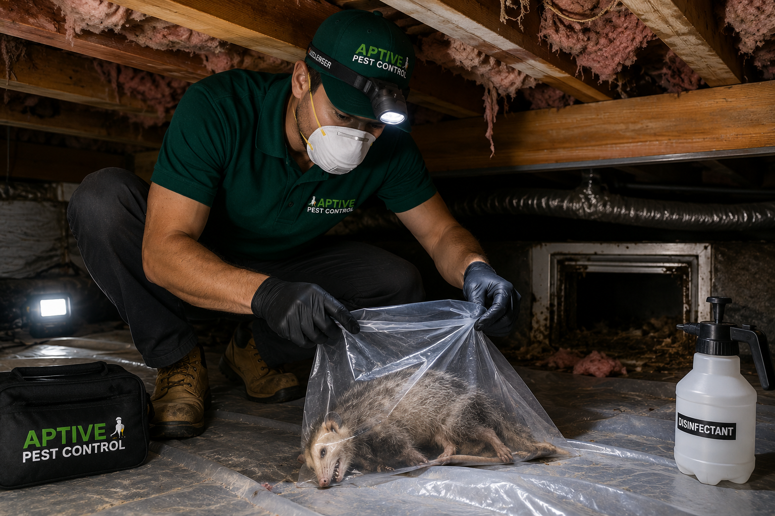 Professional Aptive Pest Control technician safely bagging a dead possum in a roof cavity as part of Dead Animal Removal Melbourne services to eliminate odours and contamination.