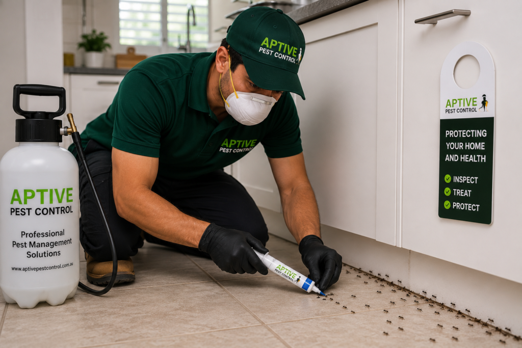 Professional Aptive Pest Control technician applying targeted ant treatment along kitchen cabinets as part of Ant Pest removal Melbourne services to eliminate ant infestations and prevent future activity.