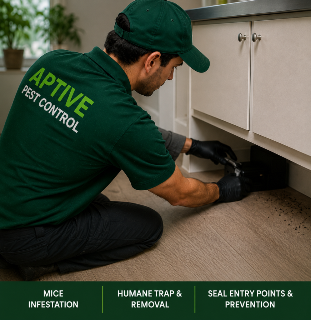 Aptive Pest Control technician installing a humane mouse trap beneath kitchen cabinets as part of Mice Control Melbourne services to eliminate rodent infestations and prevent future entry.