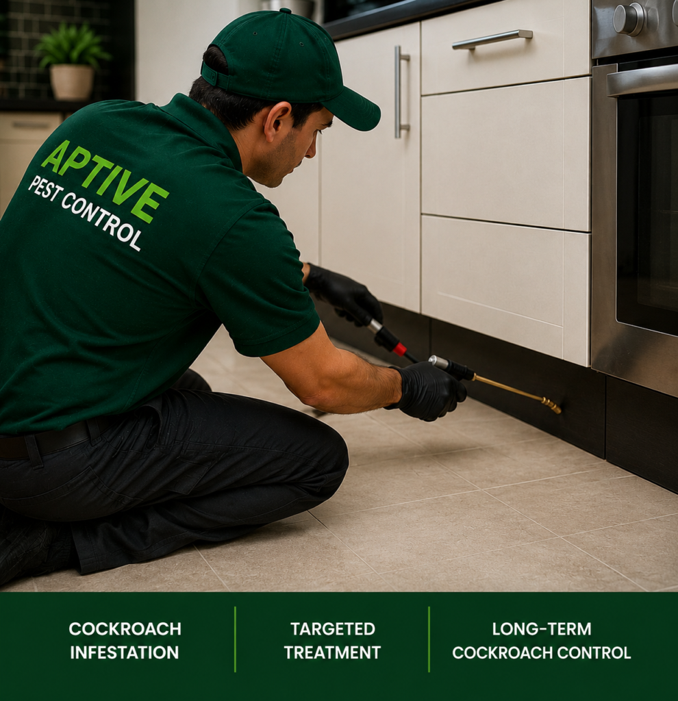 Aptive Pest Control technician performing targeted Cockroach Pest Control treatment beneath kitchen cabinets to eliminate cockroach infestations and prevent future activity.