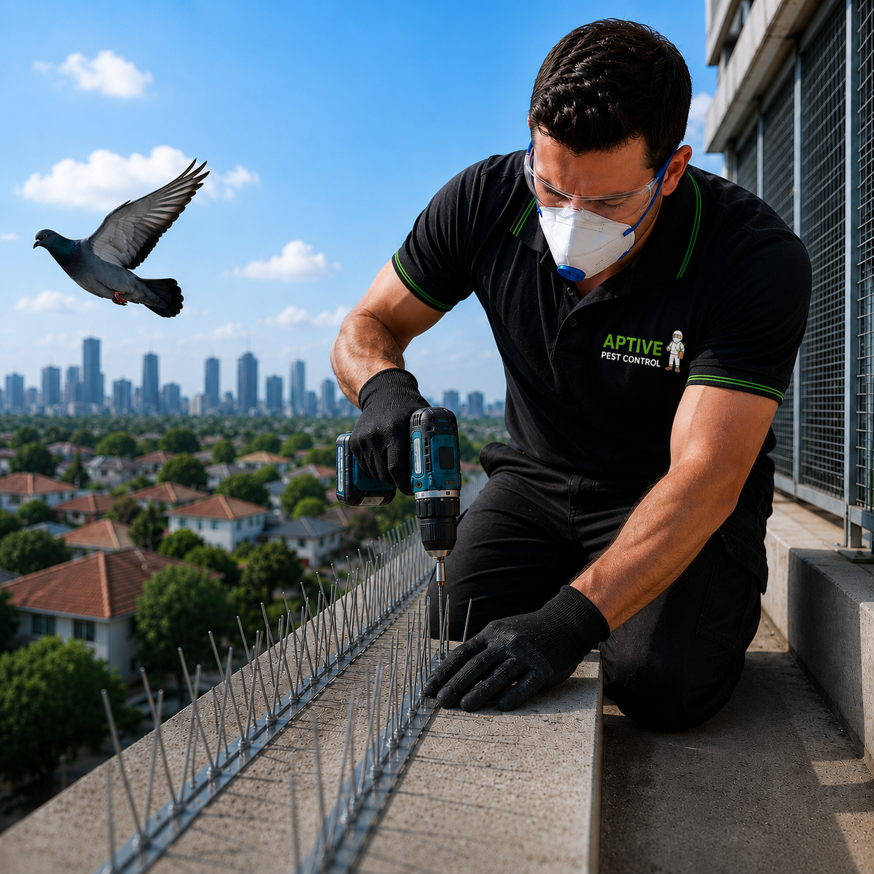Professional Aptive Pest Control technician installing bird spikes on a rooftop ledge as part of Pigeon Control Melbourne services to prevent pigeons from landing, roosting, and nesting.