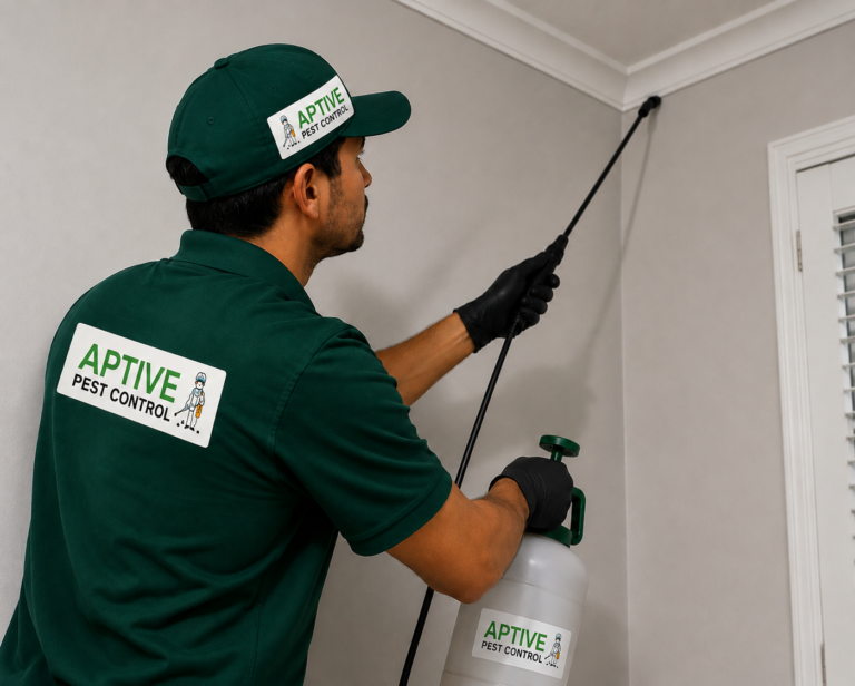Professional Aptive Pest Control technician applying targeted Spider Pest Control Melbourne treatment to ceiling corners to eliminate spiders and prevent future infestations.