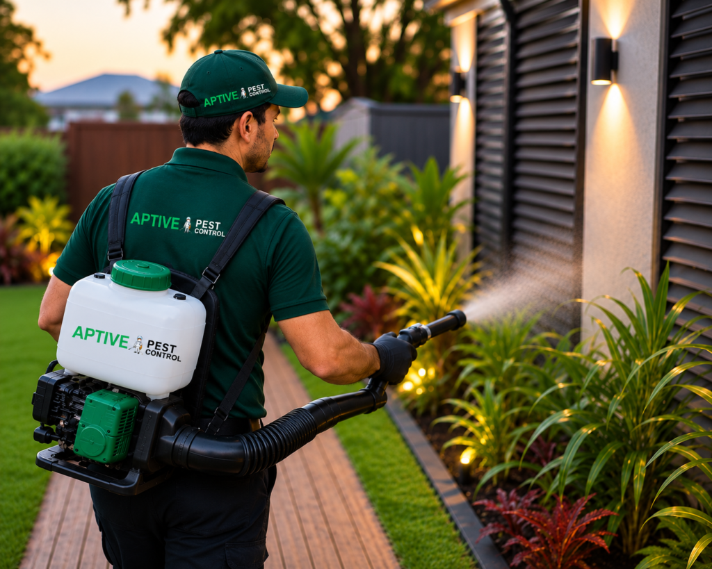 Professional Aptive Pest Control technician performing Mosquito Pest Control Melbourne treatment around outdoor gardens and landscaping to reduce mosquito breeding and protect residential properties.
