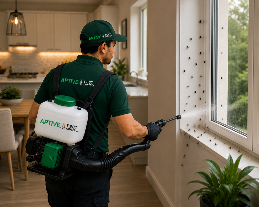 Aptive Pest Control technician performing professional Fly Control Melbourne treatment around a window with multiple flies inside a residential property.