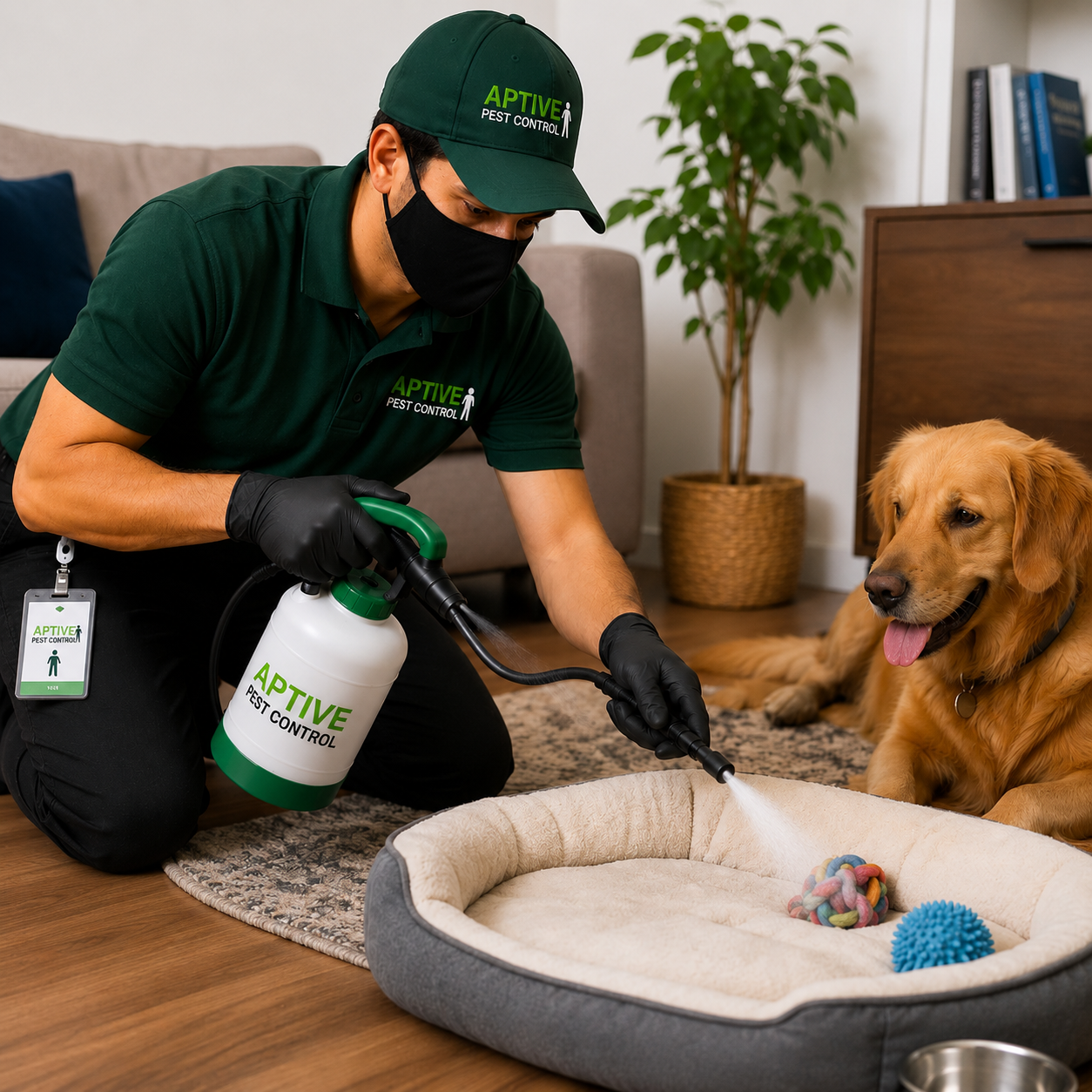 Aptive Pest Control technician performing professional Flea & Tick Pest Removal Melbourne treatment around a pet bed in a home to protect pets and families.