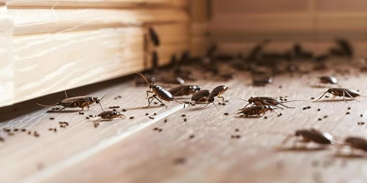 Cockroaches crawling across a kitchen floor, highlighting the need for professional Cockroach Pest Control services to eliminate infestations and protect indoor environments.
