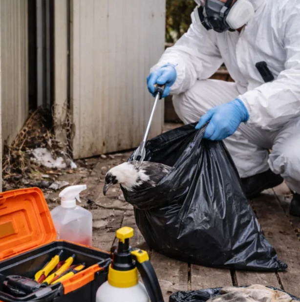 Professional technician safely removing a dead bird using protective equipment as part of Dead Animal Removal Melbourne services to eliminate contamination and health risks.