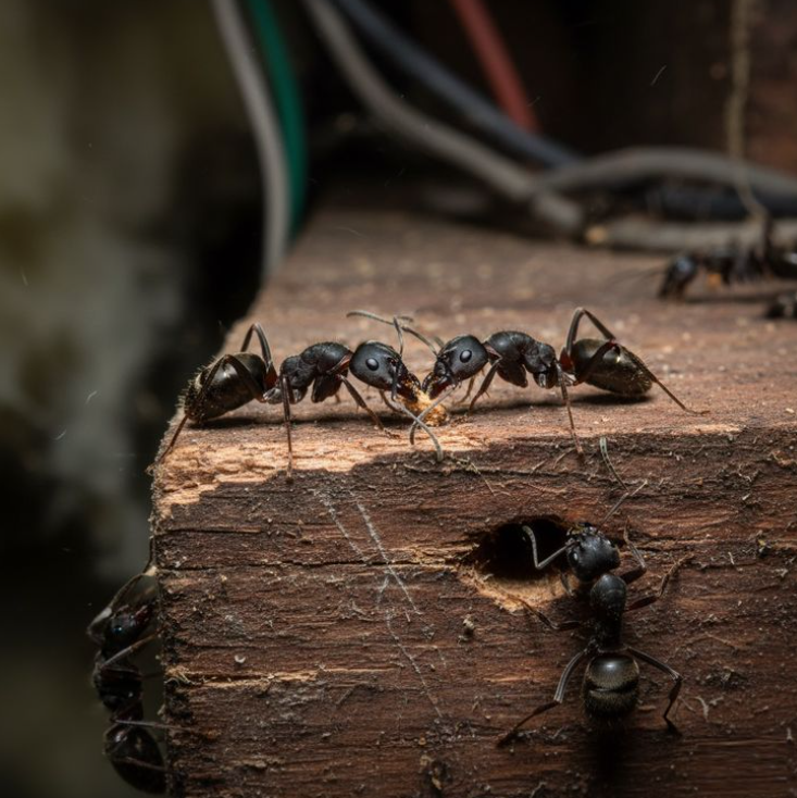 Close-up of black ants entering and exiting a nest inside timber, highlighting the need for professional Ant Control Melbourne services to eliminate ant colonies and prevent structural infestations.