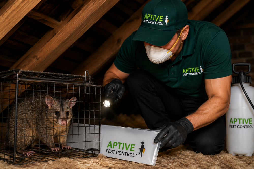 Aptive Pest Control technician inspecting and safely trapping a possum in a roof cavity during a professional possum pest control service in Melbourne.