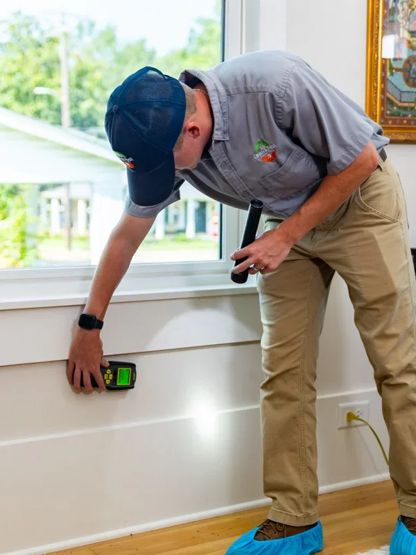 pest control technician indoors termite control moisture meter